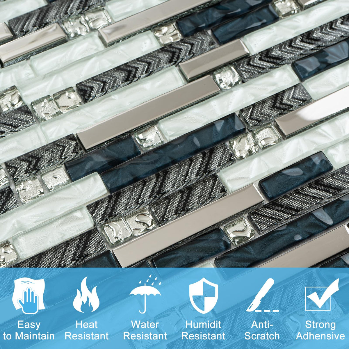5-Sheet Blue Glass & Metal Mosaic Backsplash Tile - 11.8x11.7 Mixed White Crystal Glass Subway Tiles, Professional