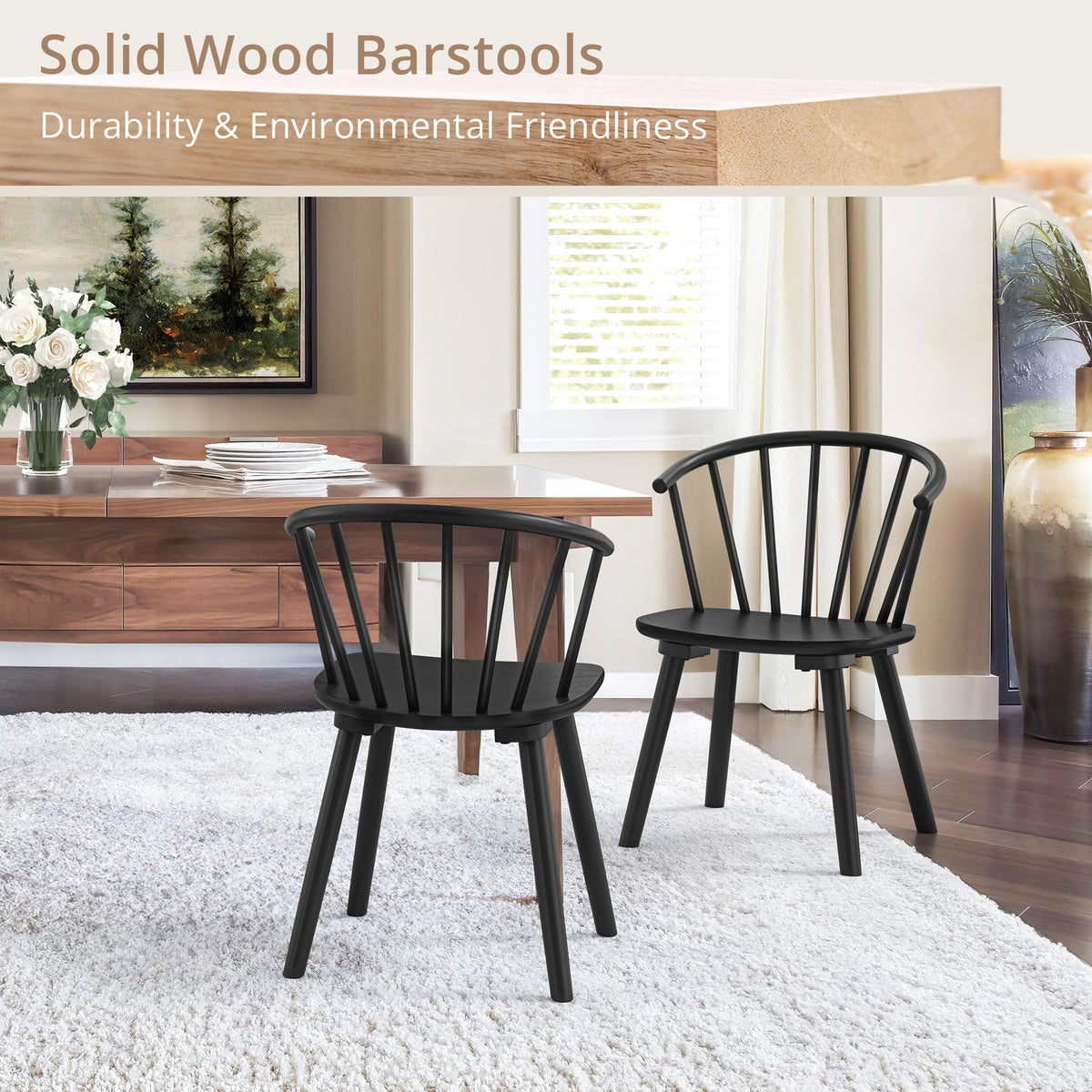 Black Dining Chairs Set of 4, Farmhouse Wood Dining Chairs with Semicircular Backrest, Spindle Dining Chair, 18 Inch
