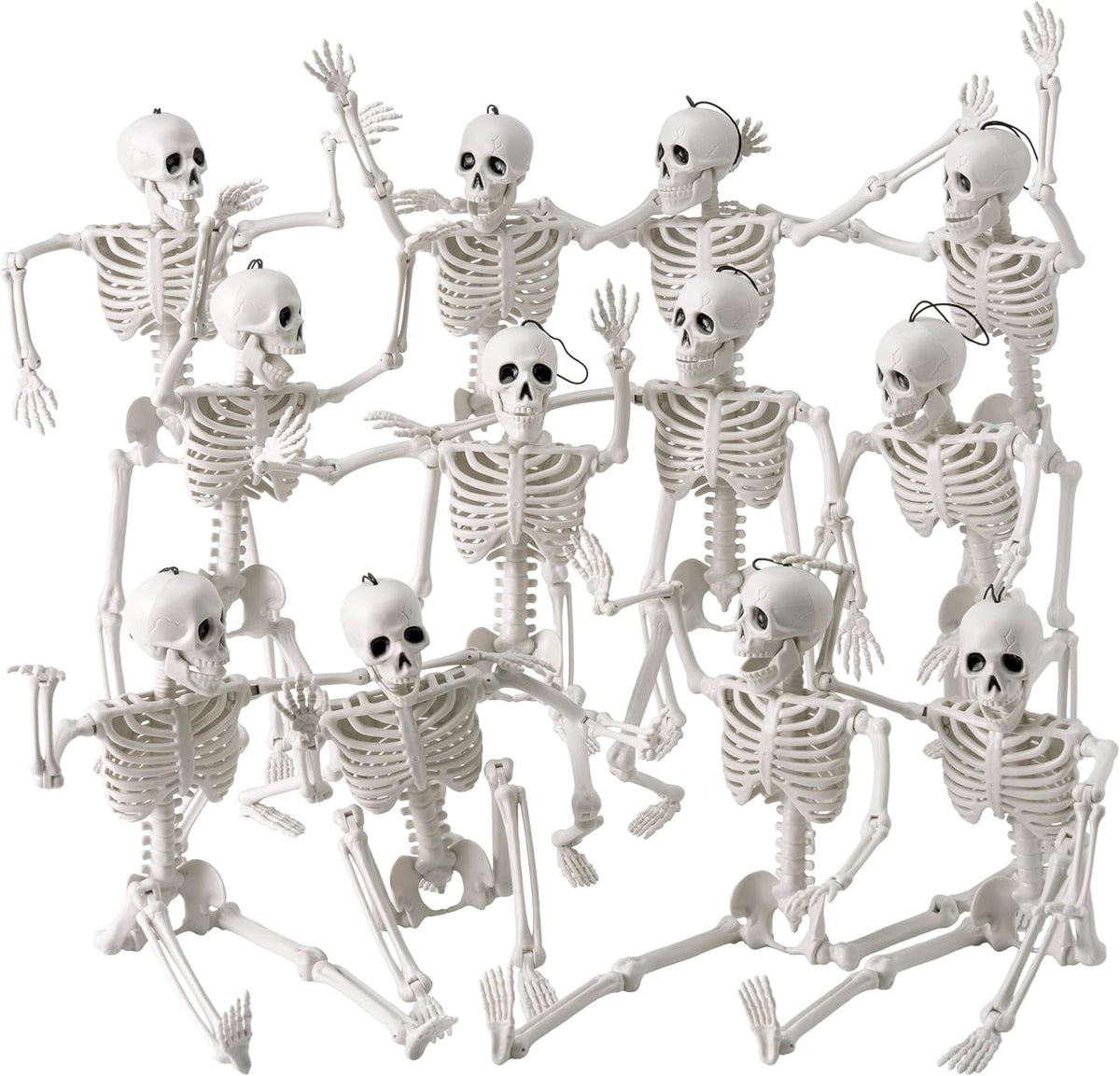 16" Halloween Skeleton Decor, Full Body Movable Stayable Joints Plastic Skeleton, Posable Hanging Skeletons - Set of 12
