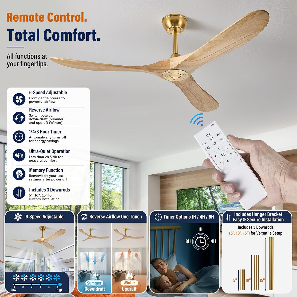 Inspired Maverick Style 60" Ceiling Fan No Light, 3 Solid Wood Blades, Brass Gold Motor, Quiet Reversible DC Motor with Remote Control