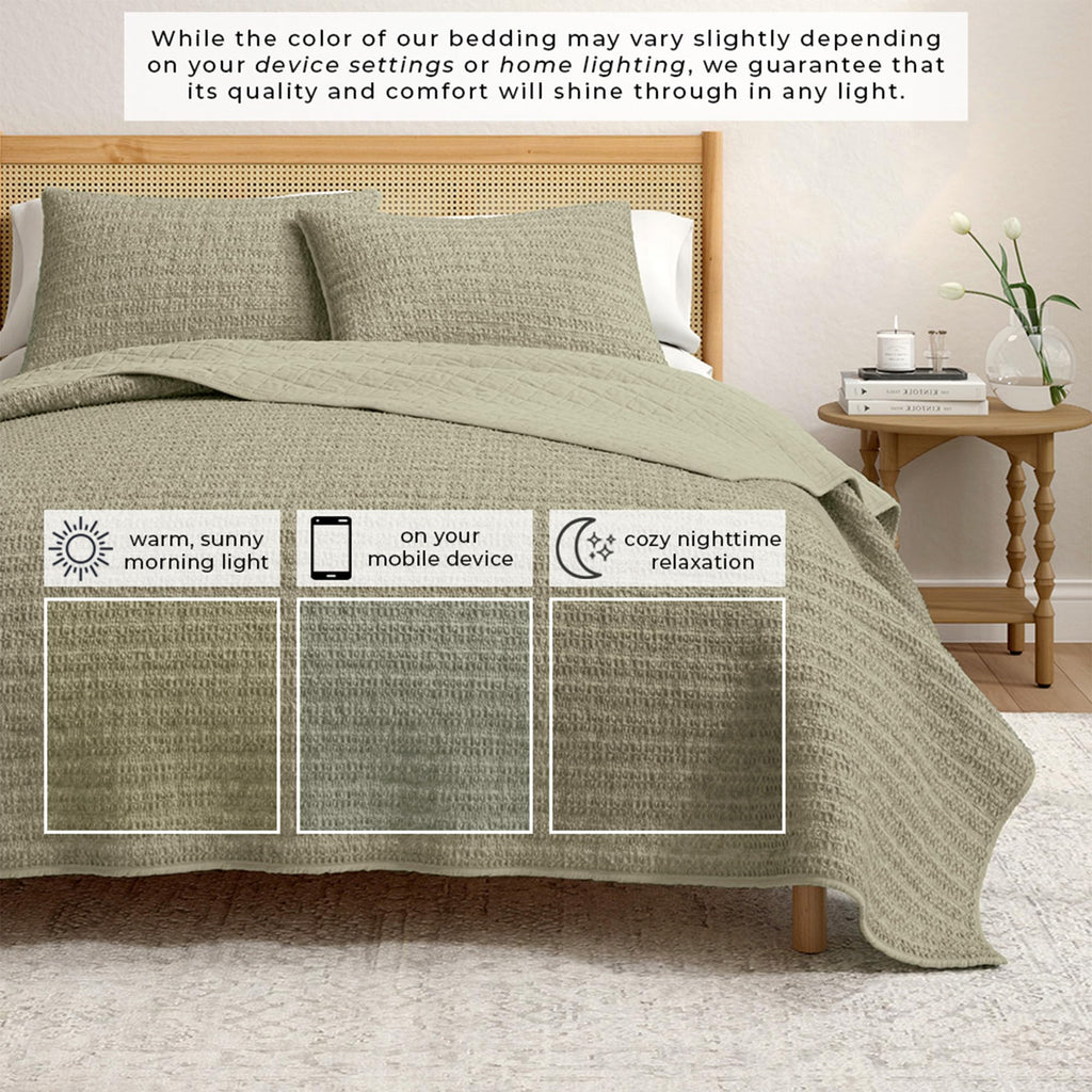 Size Green 100% Cotton Honeycomb Waffle Quilt and Sham Set - Garment Washed, Waffle Weave Like Texture