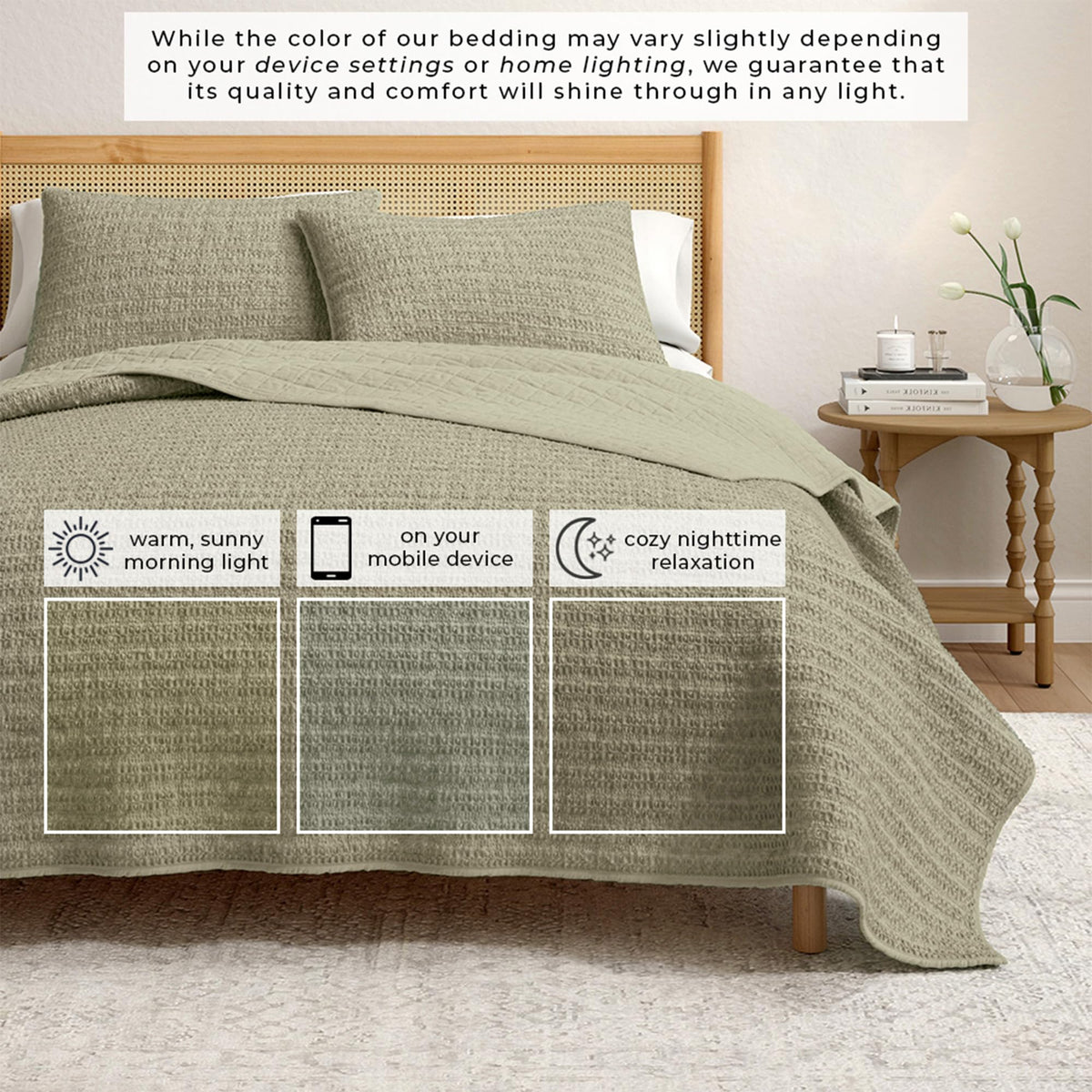 Size Green 100% Cotton Honeycomb Waffle Quilt and Sham Set - Garment Washed, Waffle Weave Like Texture