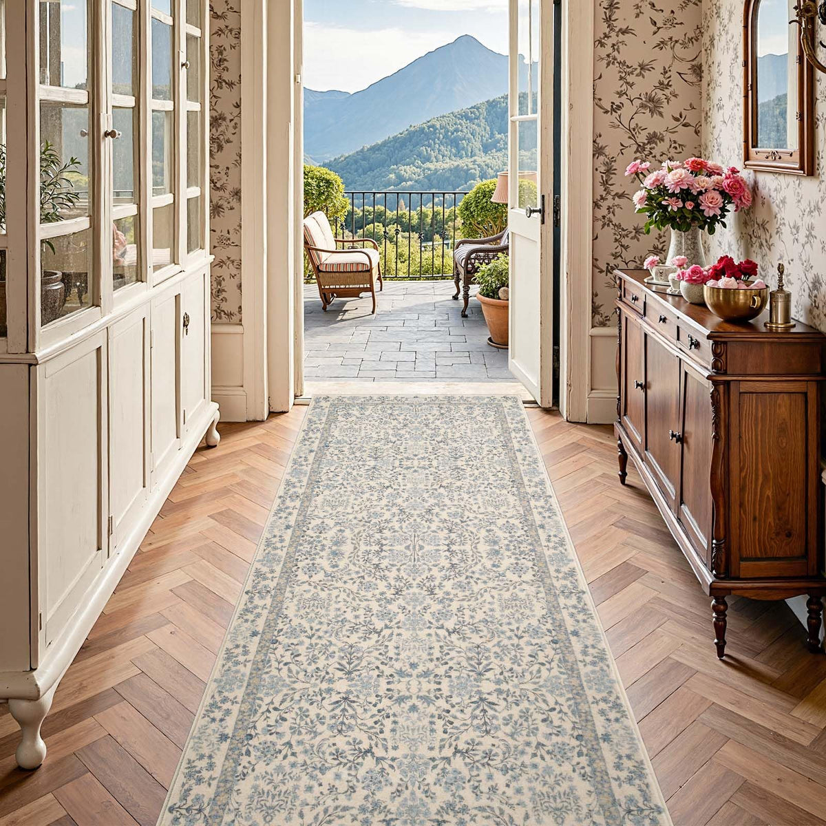 Washable Hallway Runner Rug, Floral Non-Slip, Blue/Cream
