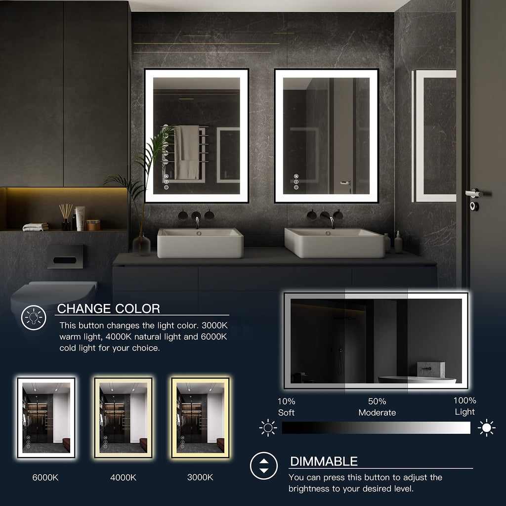 32x24 Framed LED Bathroom Mirror, Dimmable Front & Backlit, Anti-Fog