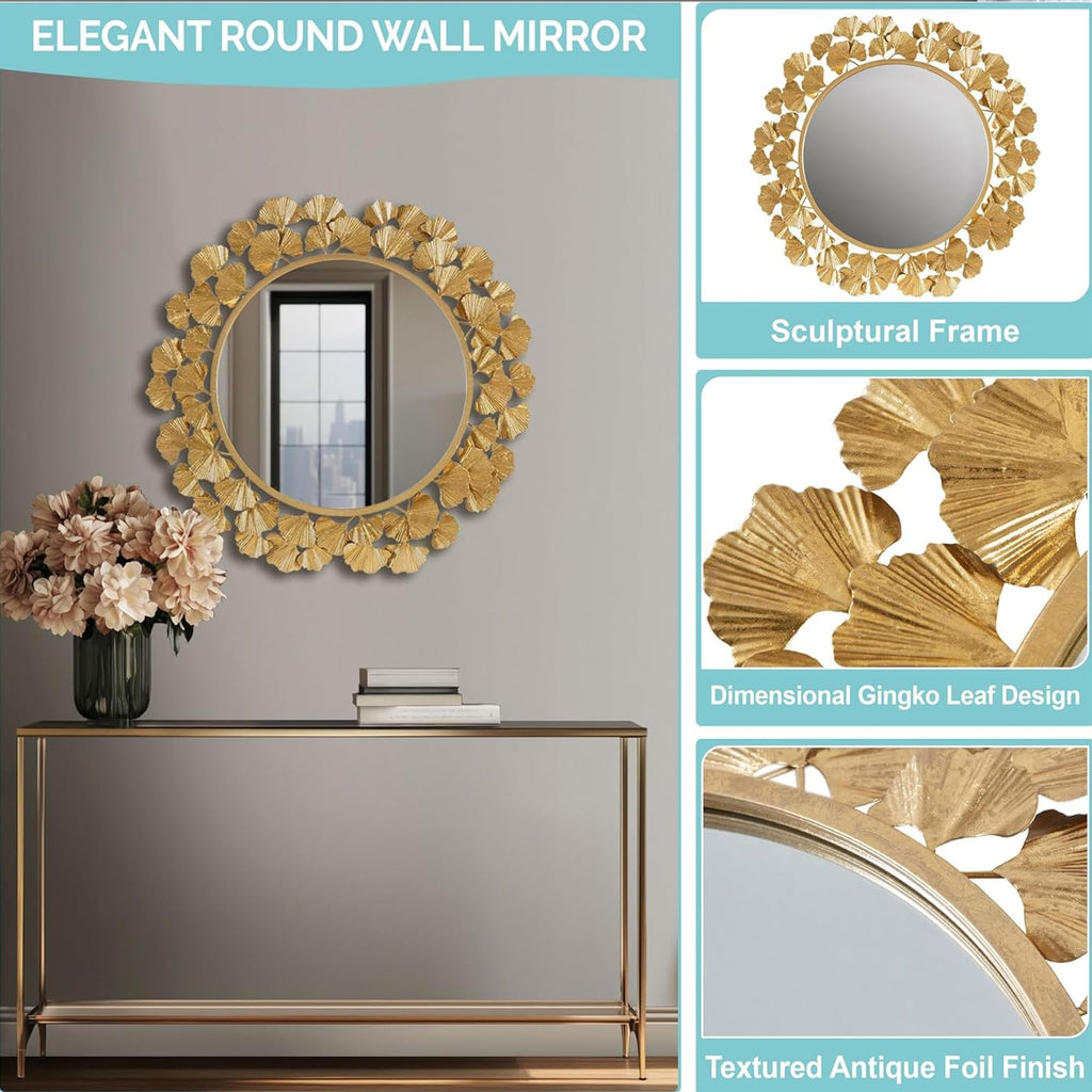 Wall Décor Large Gingko Leaf Round Wall Mirror, Iron Metal Plate Frame Antique Finish, Ready to Hang Bedroom