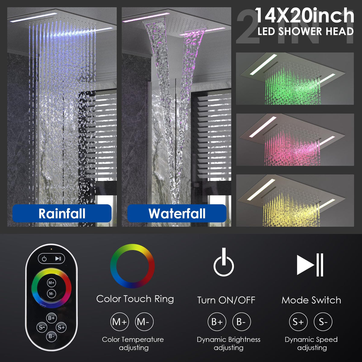 Shower Faucet Set with Glowing Icon Valve, 2 In 1 Functions Ceiling Mount 14x20inch LED Shower Head with 6 Inch