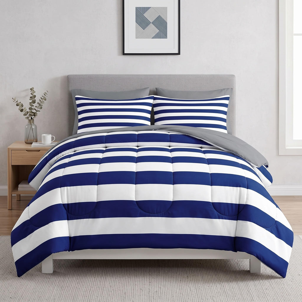 7 Pcs Comforter Set, Striped Navy Bedding