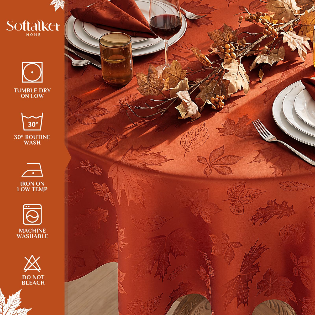 Fall Jacquard Round Tablecloth, 70 Inch Burnt Orange