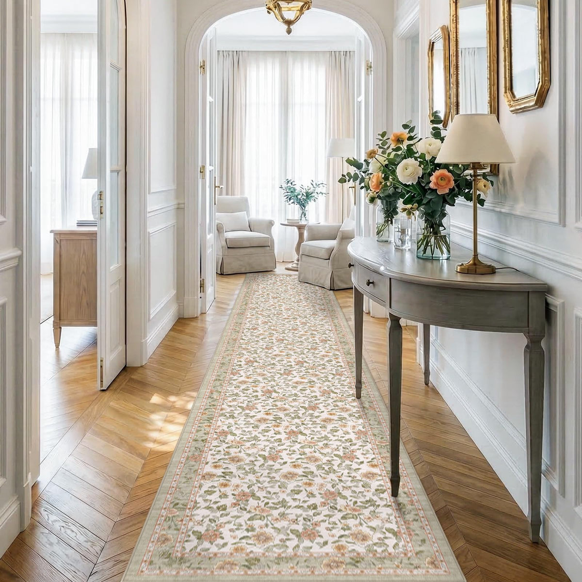 Floral Non-Slip Hallway Runner : Washable Vintage Cottagecore Botanical Rug Easy Clean Soft Thin Carpet Entryway