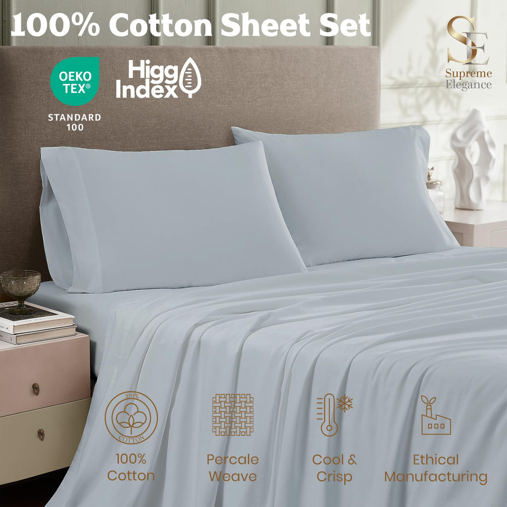 Percale Full Cooling Sheets Set, 100% Cotton, Soft Gray