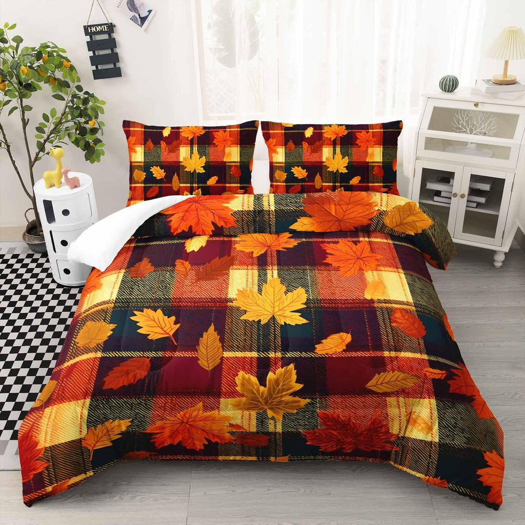 Autumn Maple Plaid Bedding Set 3 Piece, 1 Comforter + 2 Pillowcases, Orange Red Leaves Black Tartan Checks