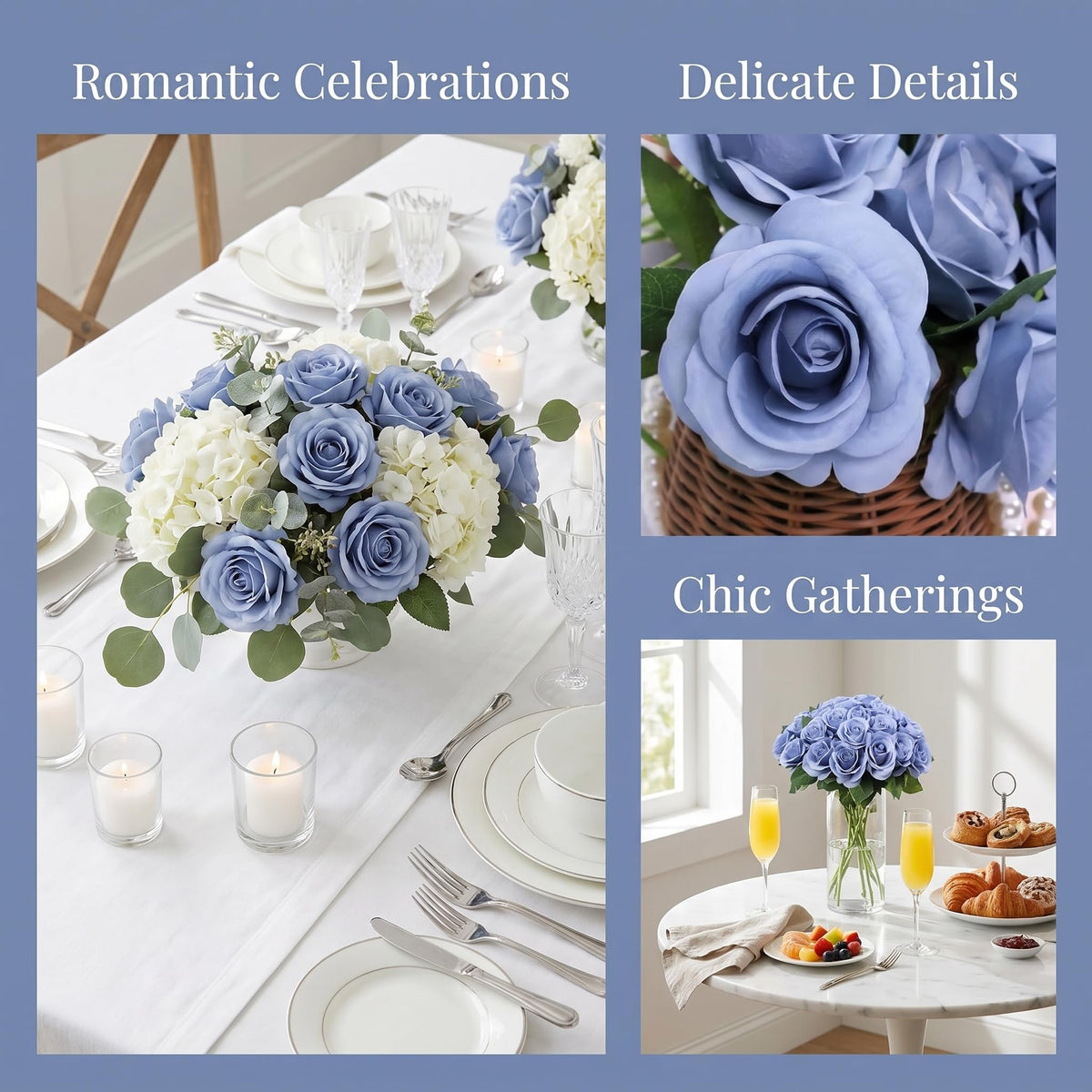 52pcs Dusty Blue Flowers Fake Roses Artificial Flowers Fake Flowers