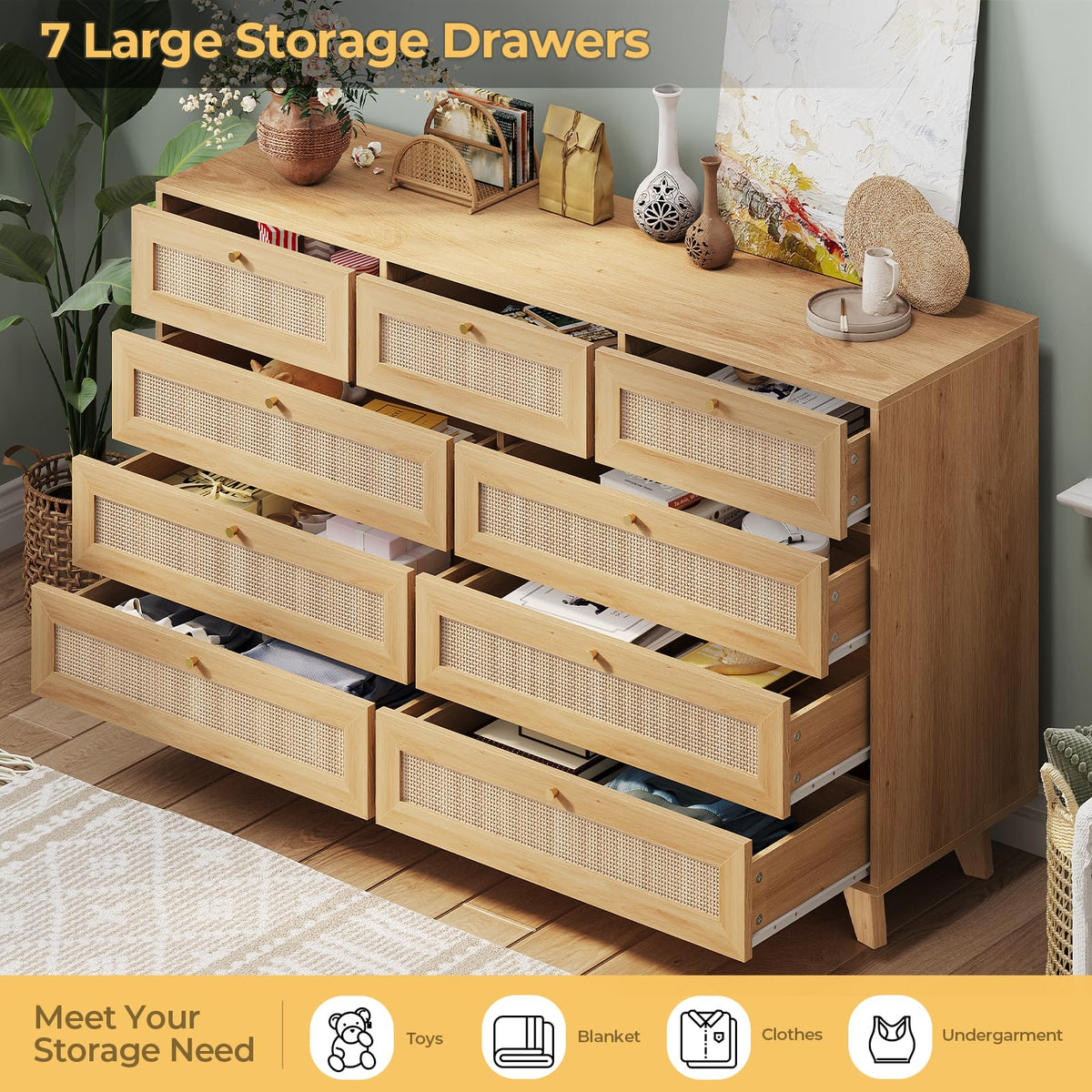 Rattan Dresser with 9 Drawer, Modern Wooden Long Bedroom Dresser, Chest of Drawers with Metal Handle & Solid Wood