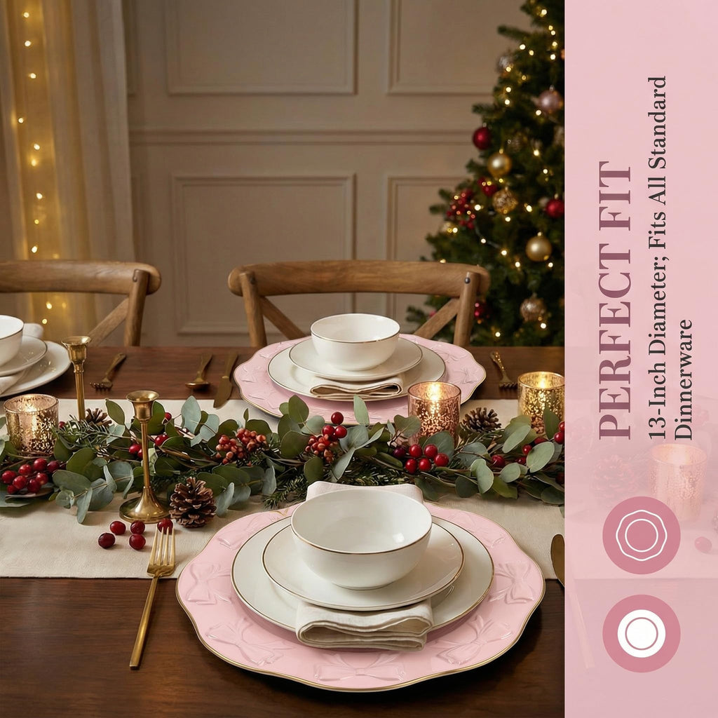 Round Pink Charger Plates, Set of 6, 13inch Plastic Bow Embossed, bulk Wedding, Party, Holiday Table Setting.