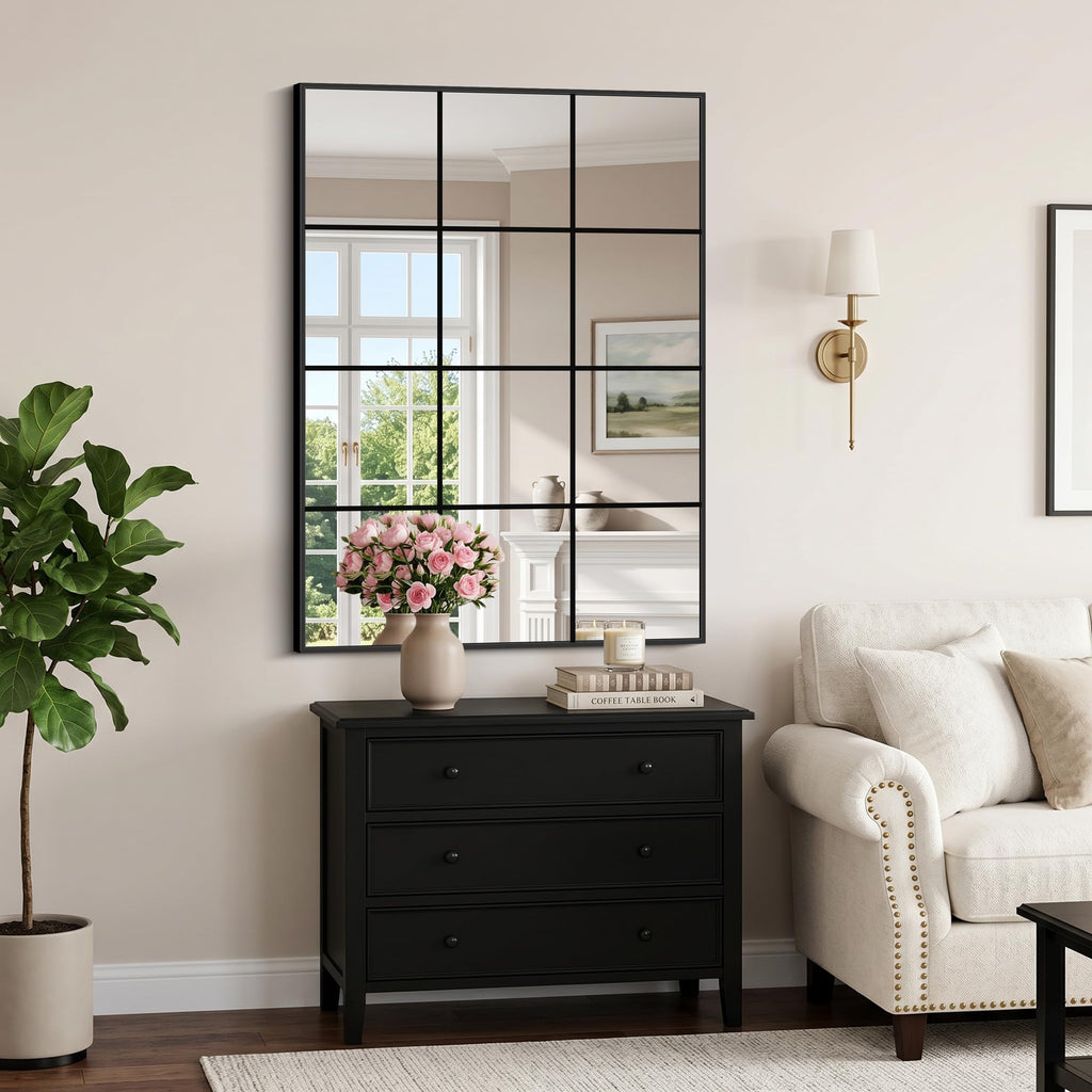 Window Pane Mirror, 48x35 Inch Black Rectangular Wall Mirror