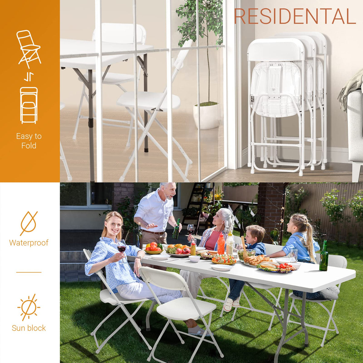 White Folding Chair, Foldable Metal Frame with Solid Plastic Seat, Portable for Event Party Outside Dining Game, 10 Pack
