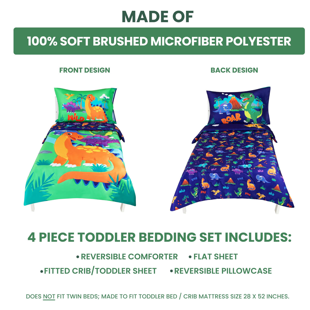 4-Piece Dinosaurs Toddler Bedding Set - Soft & Breathable Brushed Microfiber Toddler Bedding Sets for Boys, Machine