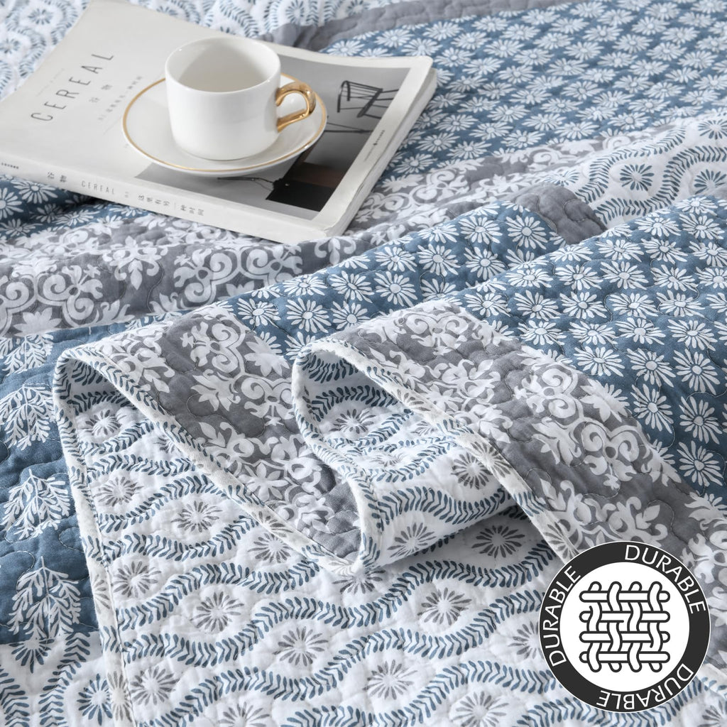 Quilts, Blue Gray Floral Striped Design Quilt Set