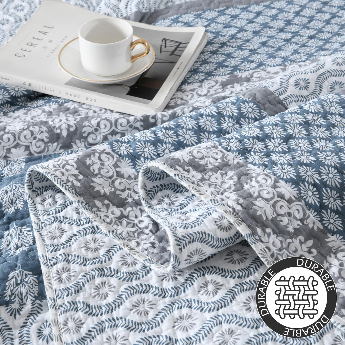 Quilts, Blue Gray Floral Striped Design Quilt Set
