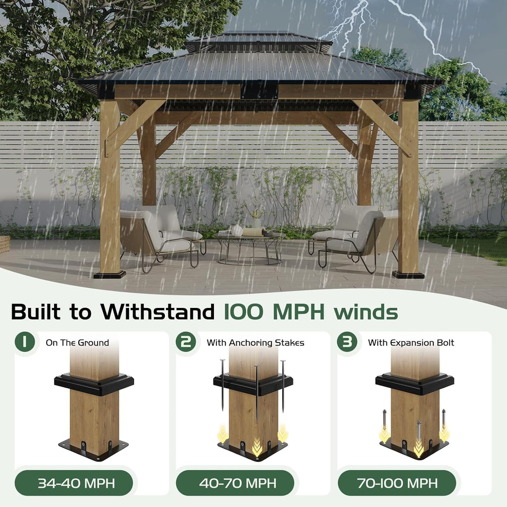 10x12 Wood Gazebo, Hardtop Gazebo with Spruce Frame and Aluminum Double Roof, Outdoor Pergola for Parties, Backyard