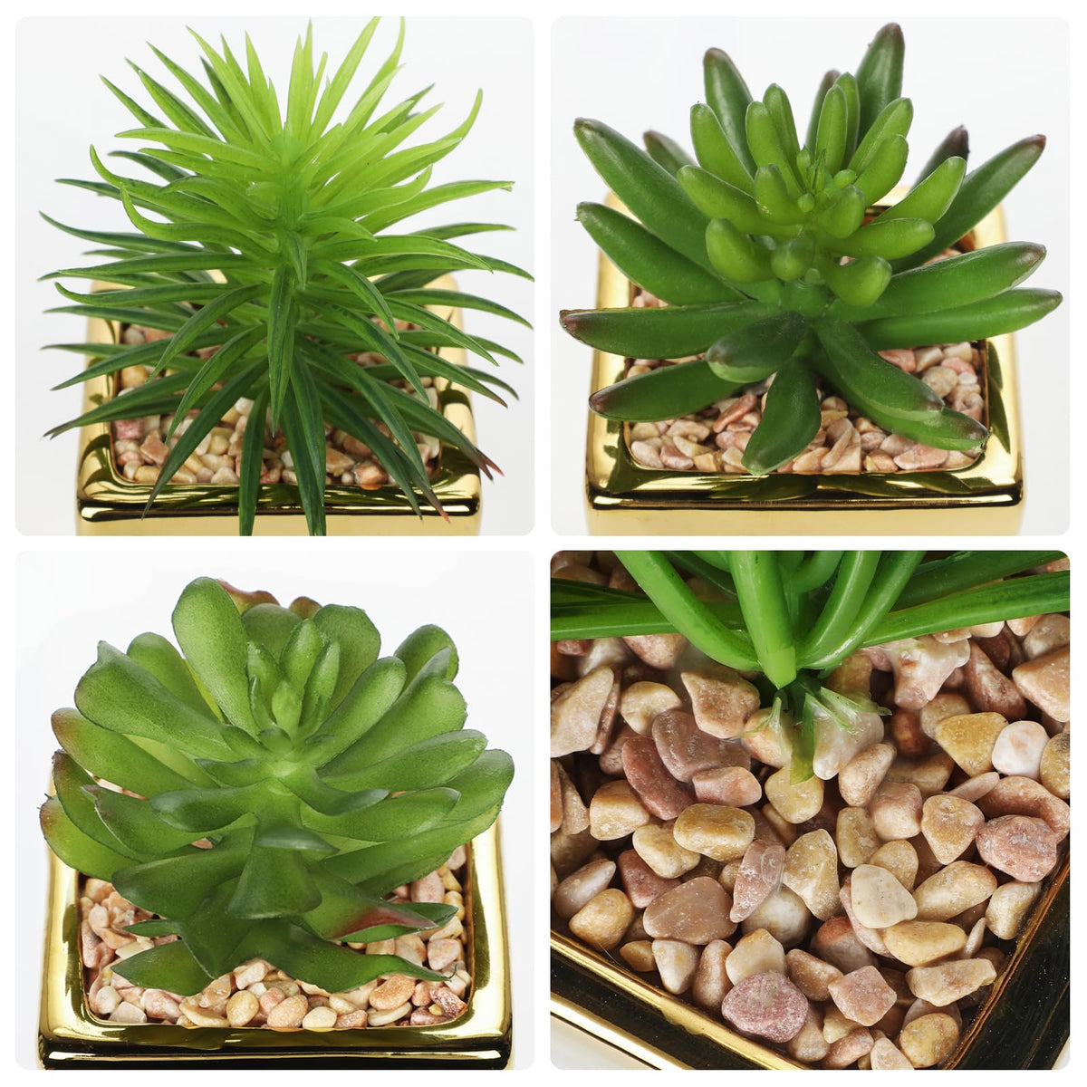 Small Succulents Artificial 3 Pcs Faux Succulents with Gold Pots Mini Fake Succulent Plants Indoor Plant Ceramic Pots