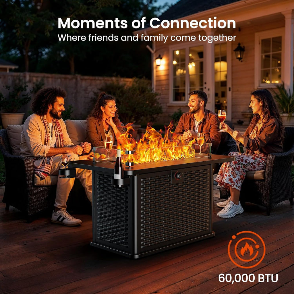 43 Inch Propane Fire Pit Table, 60,000 BTU Gas Fire Pit with Premium Glass Rocks, Wind Guard Glass Shield, Waterproof Cover, Cup Holders, Fire Table