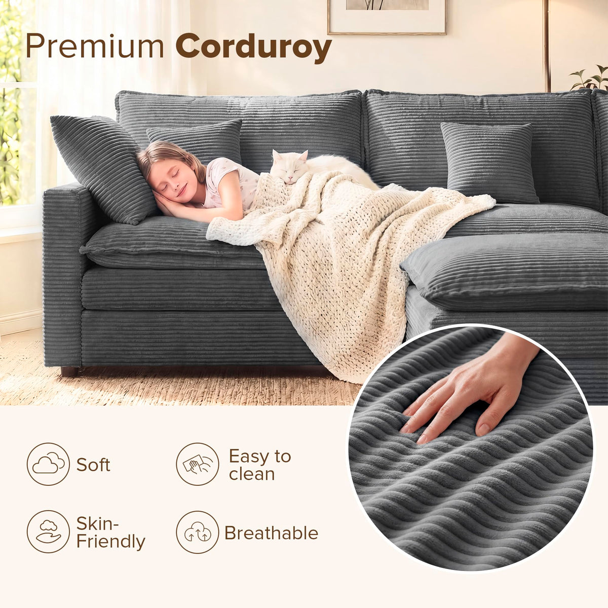 133 Inch Cloud Couch Sectional, Corner Modular Sectional Sofa with Ottoman