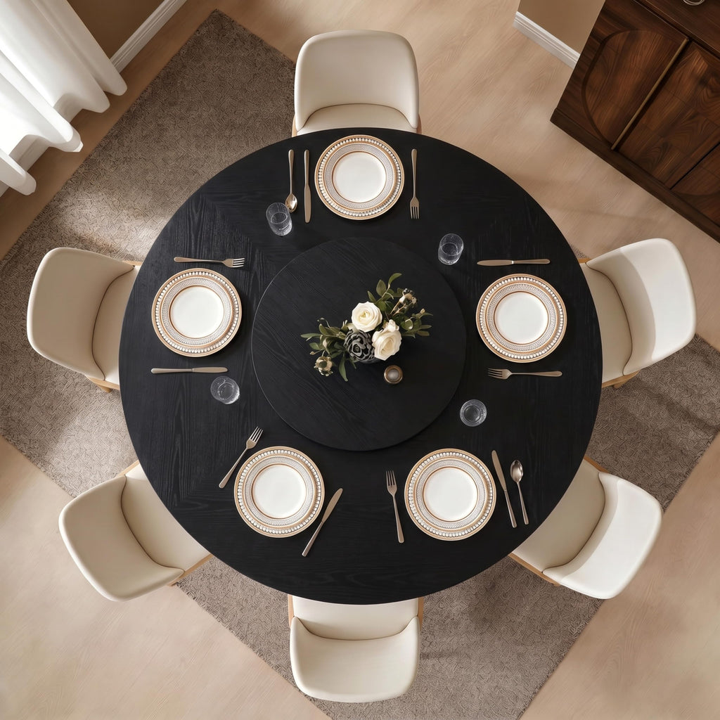Inspired Saarinen Style 55" Fluted Round Dining Table for 4-6, Mid-Century Modern Kitchen Table with Rotating Tray, 2-Tier Storage Shelf