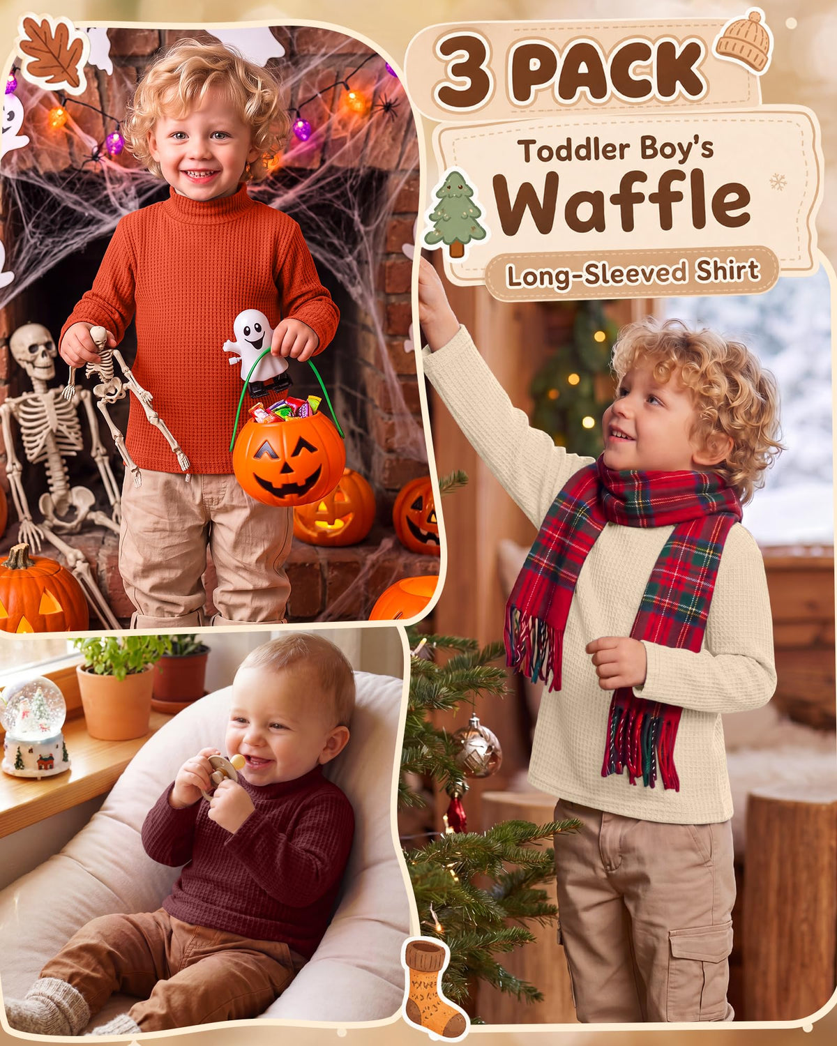 3 Pack Toddler Boys Turtleneck Shirts Long Sleeve 3Color