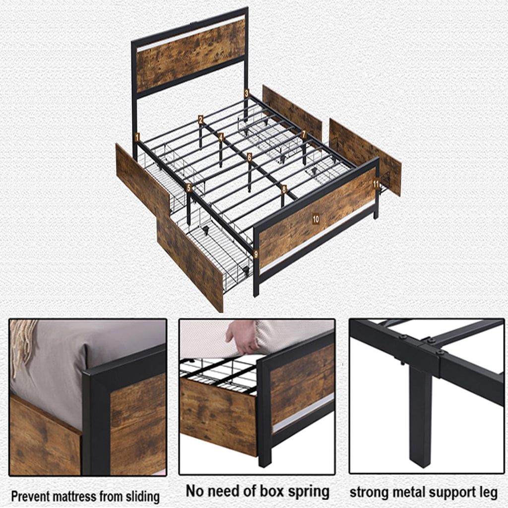 Farmhouse Bed Frame with Storage and 4 Drawers, Rustic Led Bed Frame with Headboard and Charging Station