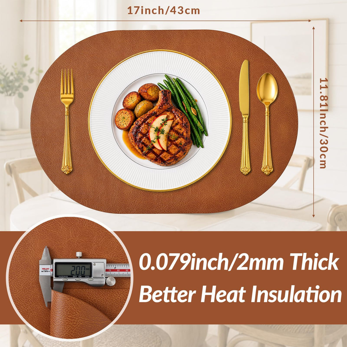 Heat Resistant Oval Placemats Set of 8 Non-Slip, Reddish Brown