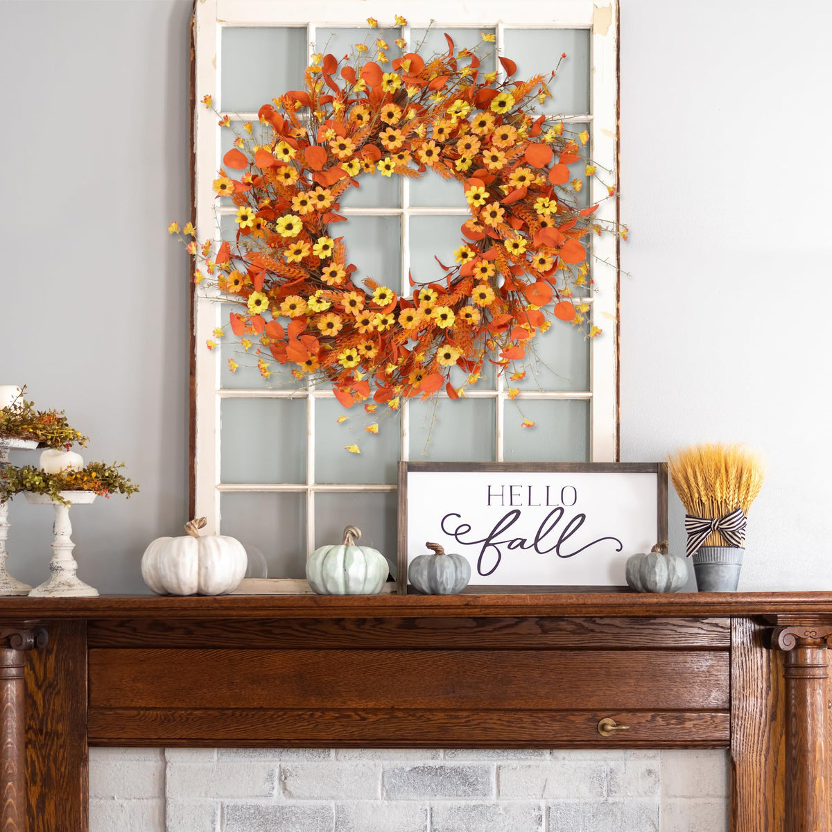 Fall Wreath 24'' Autumn Harvest Daisy Wreath with Orange Eucalyptus Foam Leaves Grain Daisies Berries for Outside