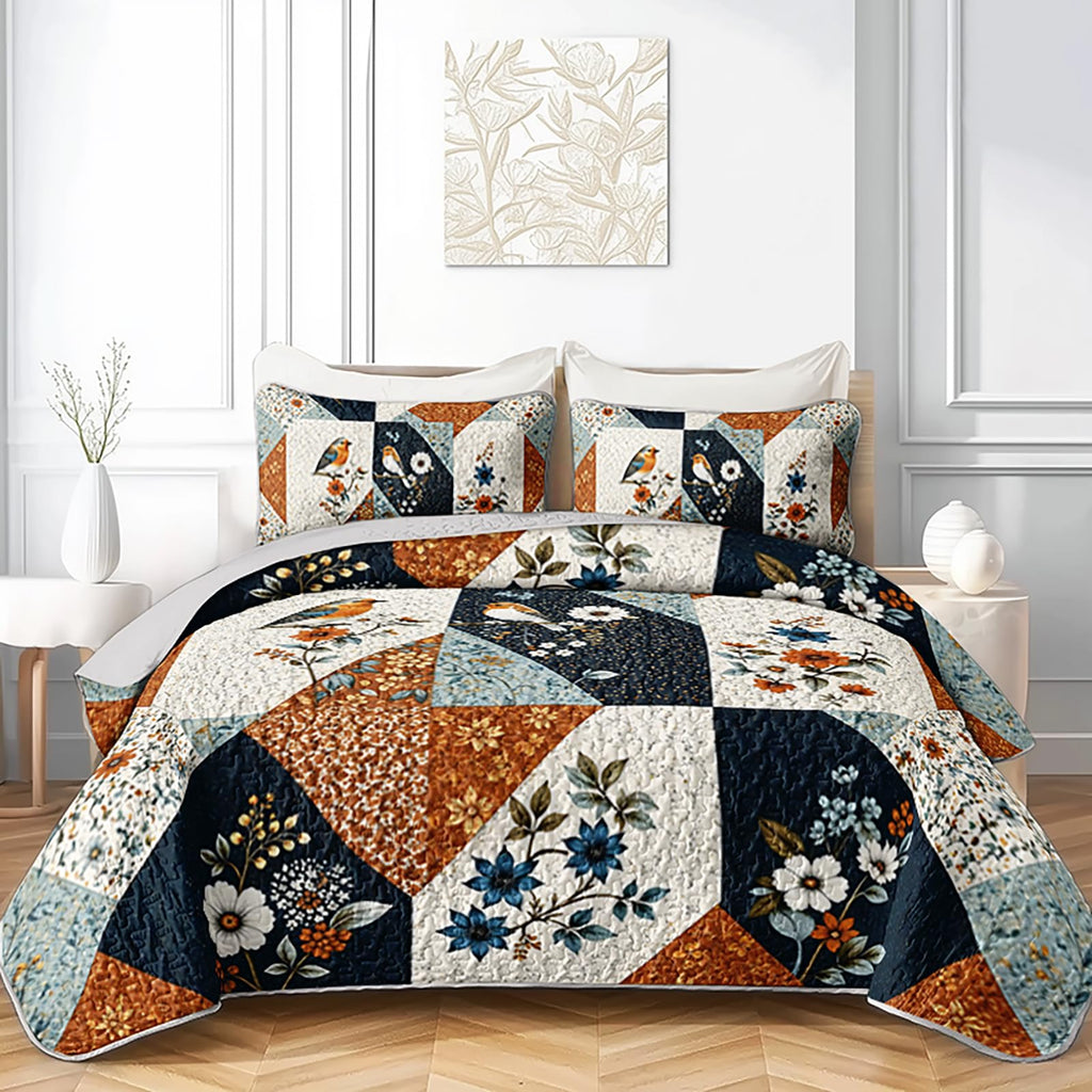 Cream Floral Diamond 3-Piece Quilt Set with 2 Pillow Shams, Farmhouse Patchwork Soft Lightweight Microfiber