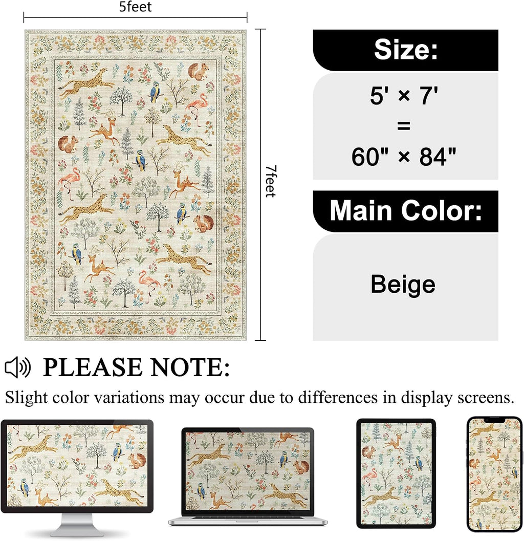 Area Rugs, Washable Animal Rug Non Slip, Beige