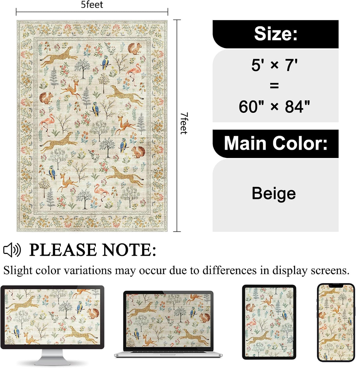 Area Rugs, Washable Animal Rug Non Slip, Beige