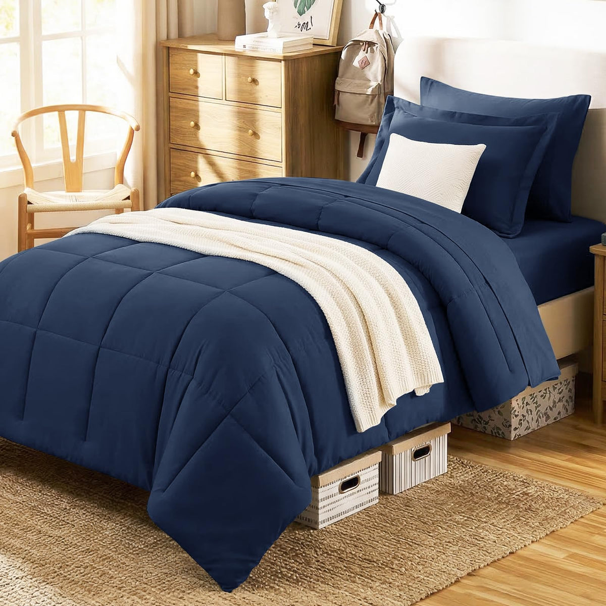 Oversized Comforter Set, 7-Piece Bed in a Bag, Navy Blue