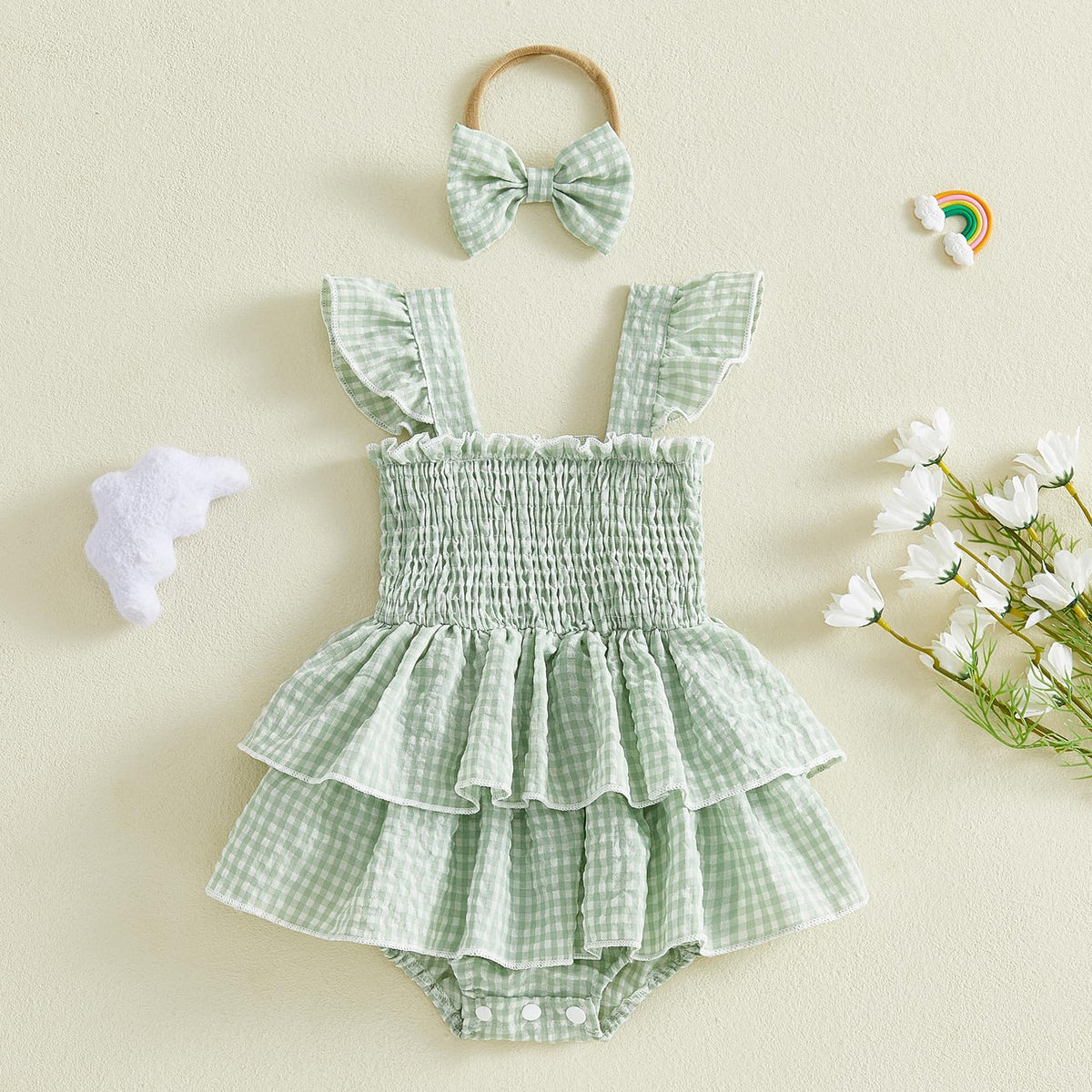 Baby Girl Plaid Romper Flying Sleeve Ruffle Baby Dress Romper Infant Girl Summer Clothes with Headband