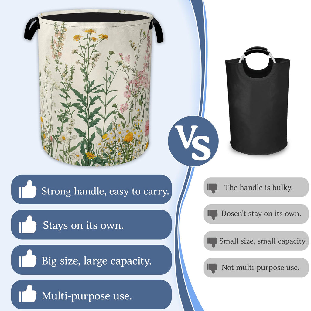 Wildflowers Laundry Hamper With Handle,Foldable Oxford Cloth Vintage Herb Flower Botanical Laundry Basket,20.8"x16"