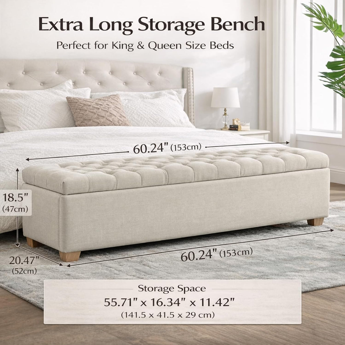 60.2" Storage Bench, End of Bed Storage Benches, Chenille Fabric Upholstered Ottoman Bench with Safety Hinge Entryway