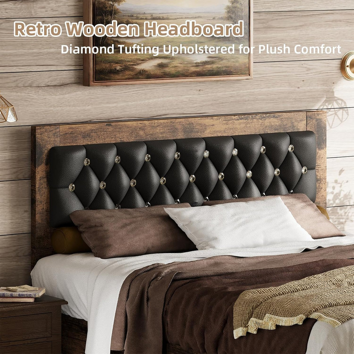 Wood Bed Frame with Diamond Tufted Headboard, Walnut