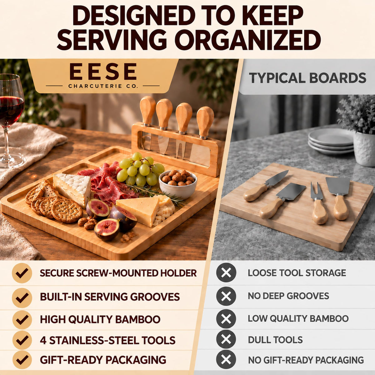 Charcuterie Board Set - 14 x 11 Cheese Board & Mounted Utensil Holder