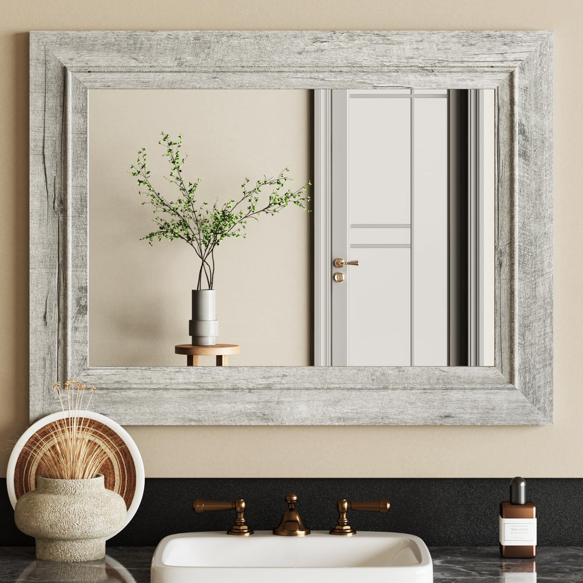 Rustic Wall-Mounted Vanity Mirror, Solid Wood Frame Bathroom Mirror, Farmhouse Style, Horizontal/Vertical Hanging
