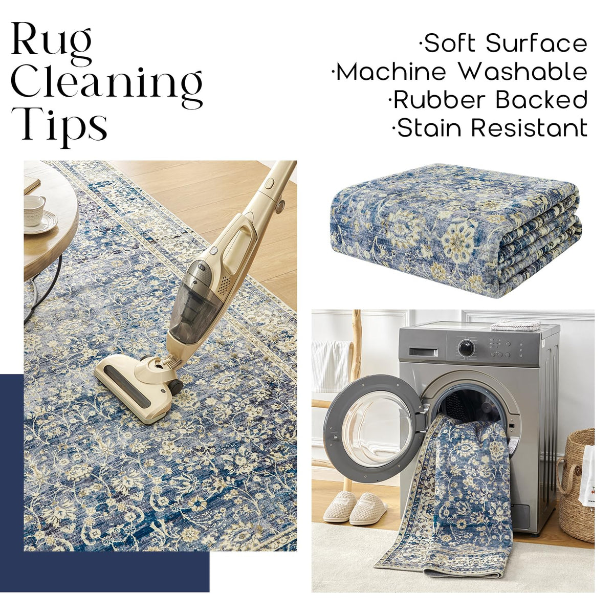 Dark Blue Runner Rug Low Pile Retro Rugs Non Slip Washable