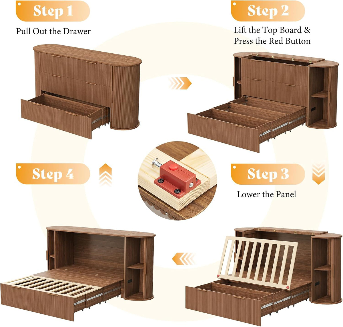 Full Murphy Bed with Storage Bedside Shelves & Sliding Tambour Door, Modern Cabinet Bed with Charging Station & Curved Fluted Design for Bedroom/Guest/Home Office, Brown