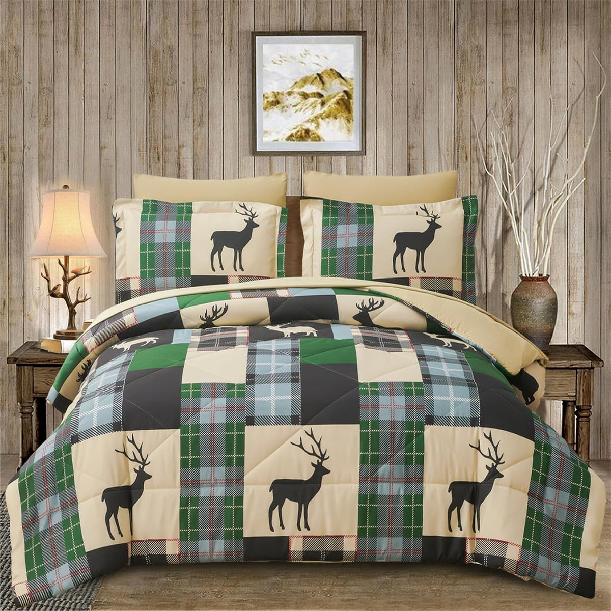 7 Piece Comforter Set, Lodge Moose Rustic Cabin Bed in a Bag, Soft and Breathable Bedding, Green Moose