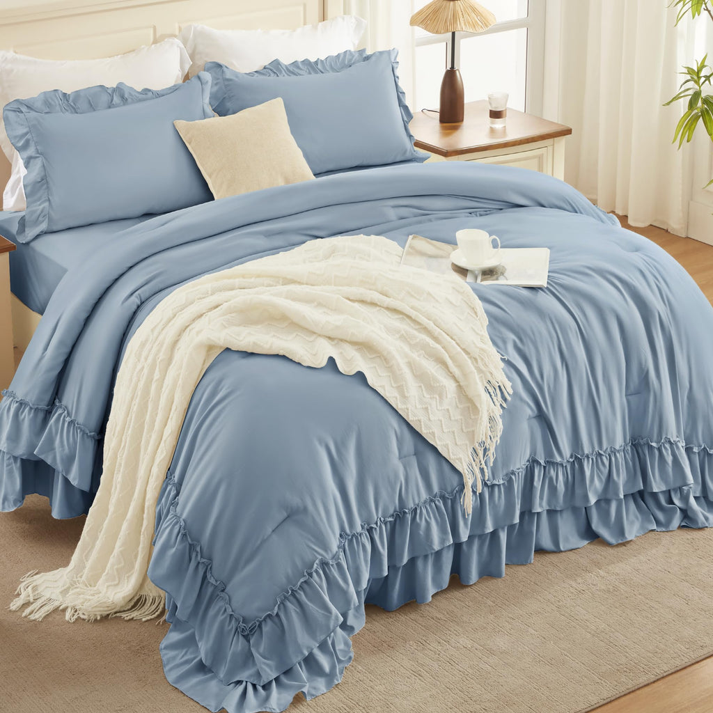 Grayish Blue Ruffle Comforter Set, 3 Pieces Solid Bedding
