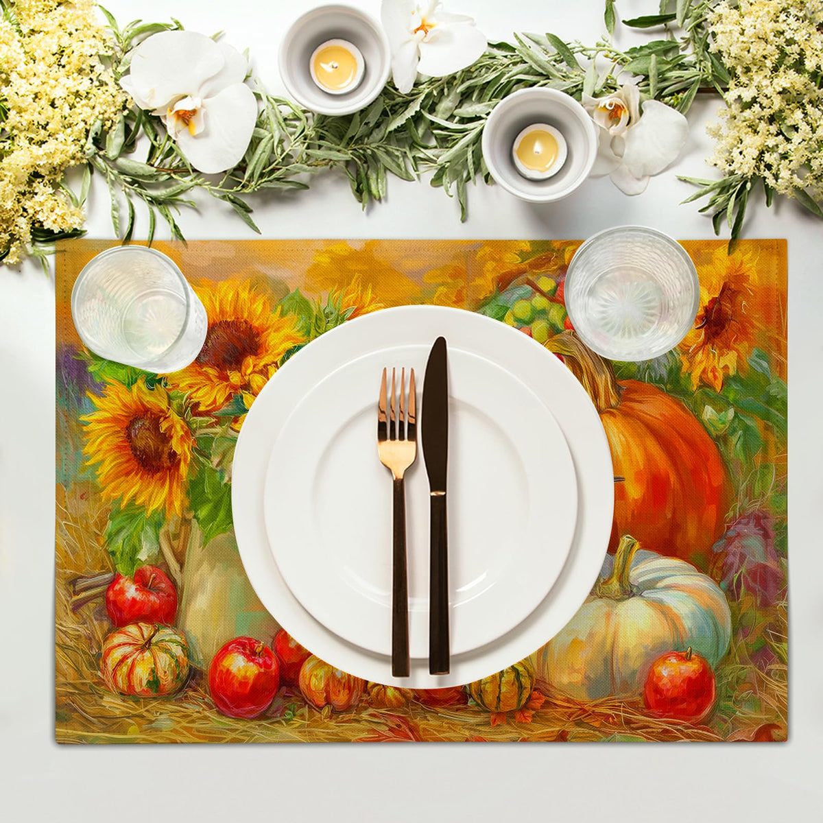 Vintage Fall Placemats, Rustic Autumn Pumpkin Sunflower Bird Table Mat, Thanksgiving Harvest Heat Stain Resistant
