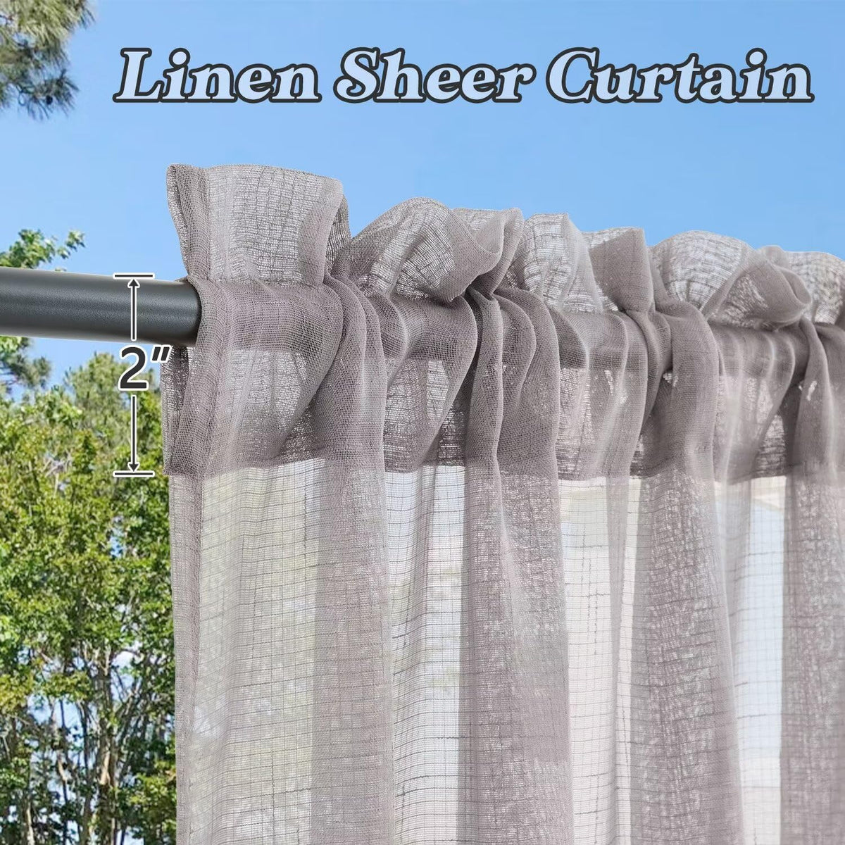 Outdoor Linen Sheer Curtains Waterproof, 2 Panels Rod Pocket Indoor/Outdoor Sheer Curtain for Pergola, Porch, Cabana