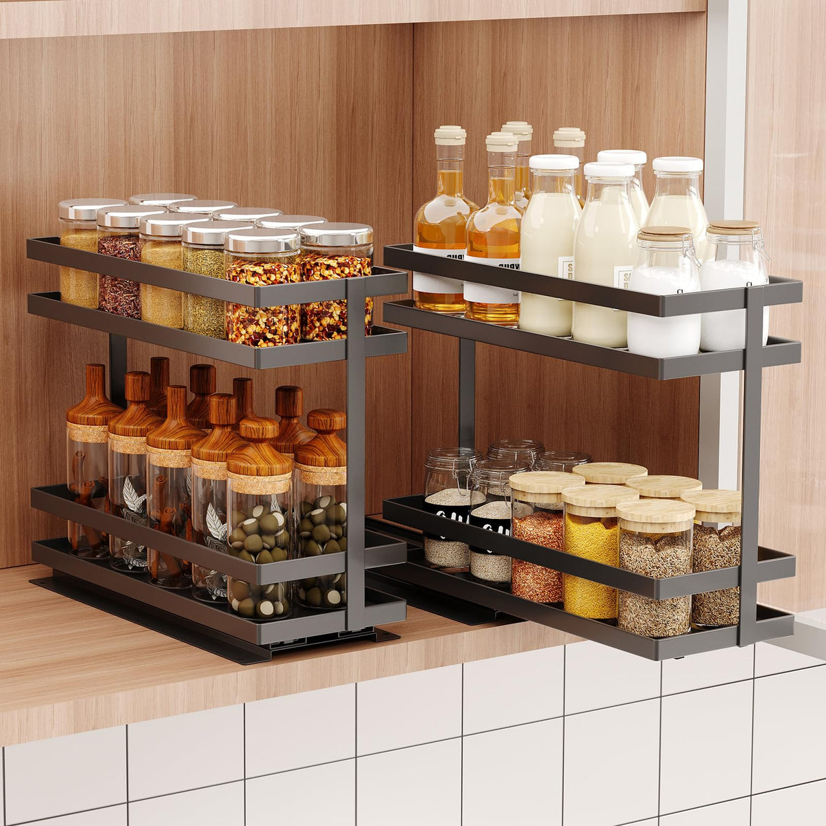 2 Pack Pull Out Spice Rack Organizer for Cabinet, 2 Tier Metal Slide Out Seasoning Organizer and Storage Heavy Duty
