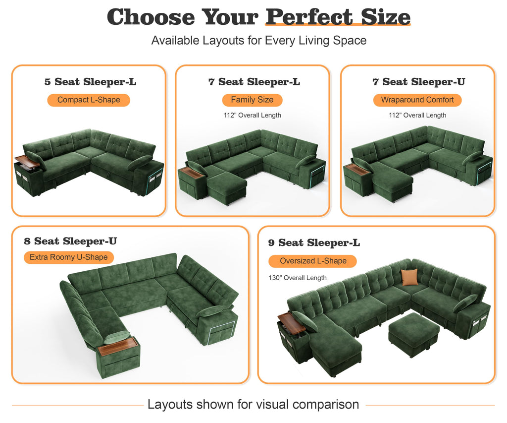 5 Seat Modular Sectional Sleeper Sofa with Pull Out Bed, L-Shaped Couch with Reclining Backrest, Lift Top Storage